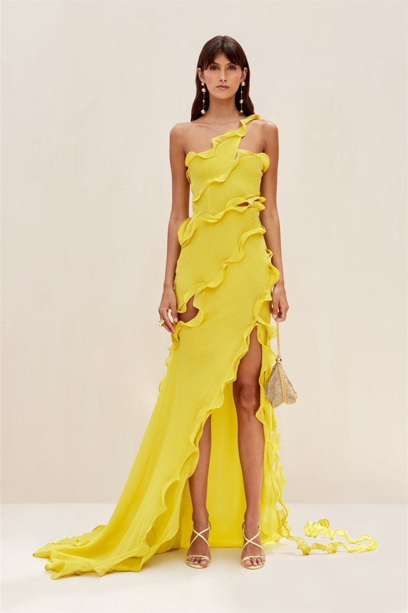 Prestige Mode™ | Robe Maxi Chiffon à Volants Une Épaule Gloria