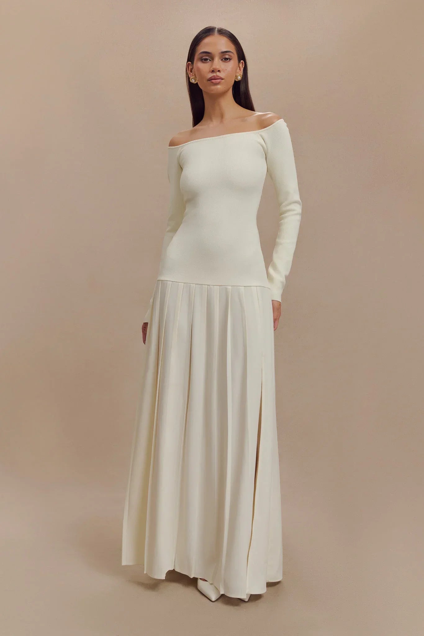 Prestige Mode™ | Robe Maxi Tricotée Off Shoulder - Ivoire