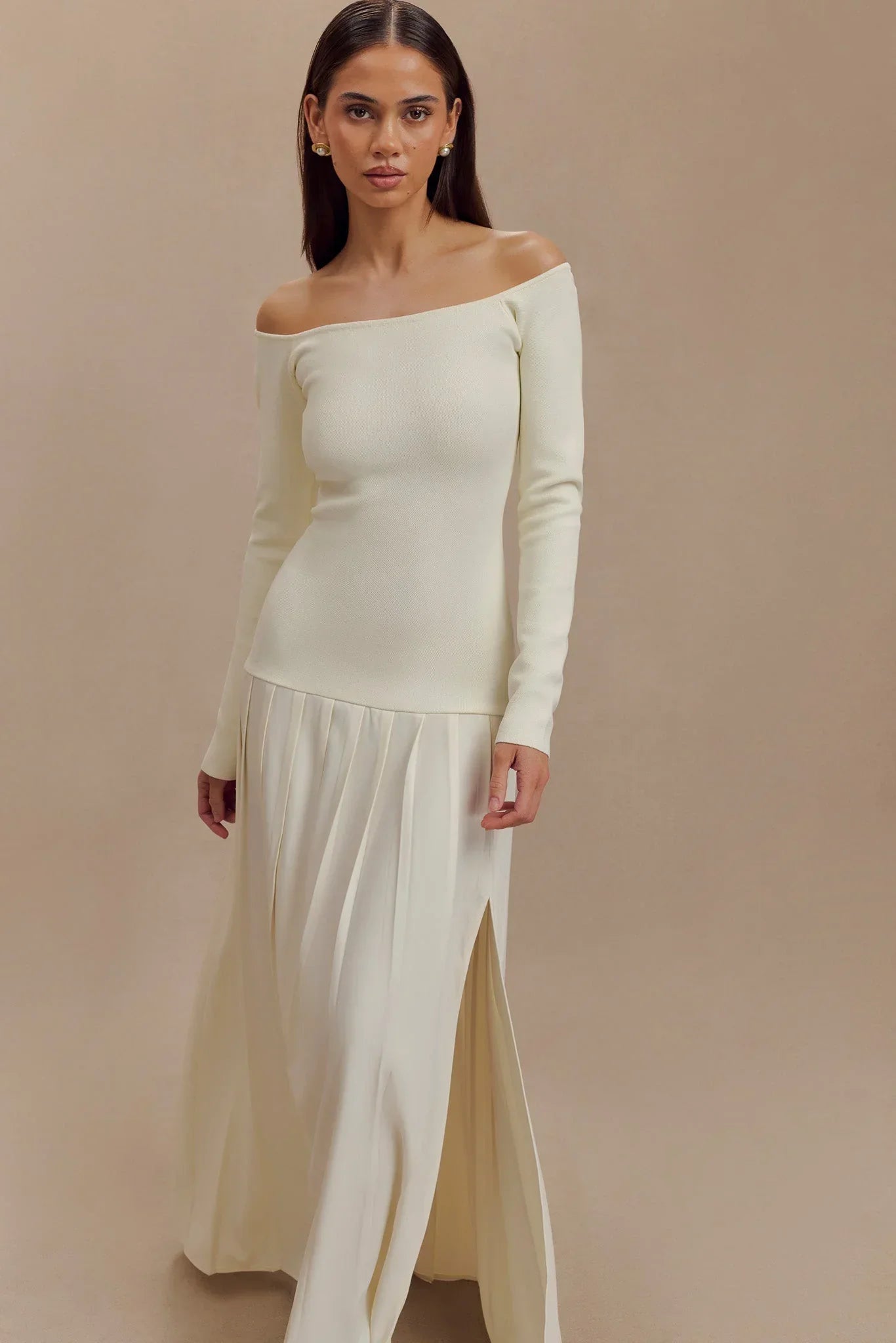 Prestige Mode™ | Robe Maxi Tricotée Off Shoulder - Ivoire