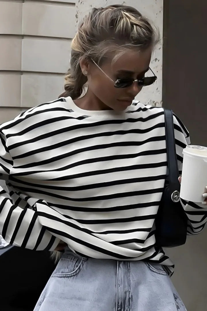 Prestige Mode™ | Chemise à Col Rond Blouse Rayée Noire