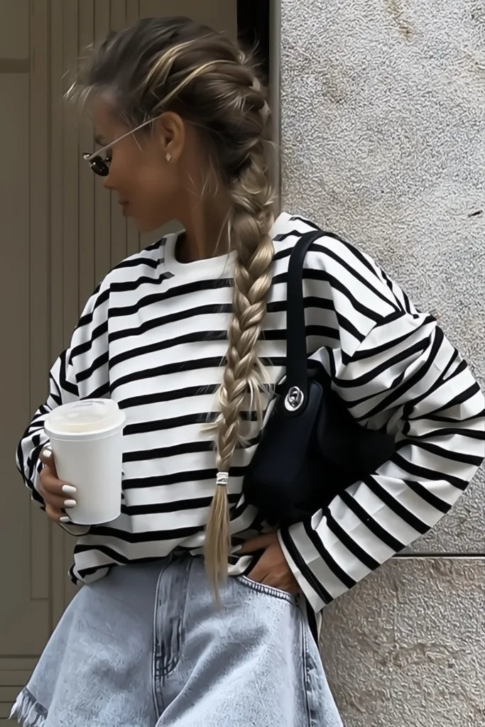 Prestige Mode™ | Chemise à Col Rond Blouse Rayée Noire