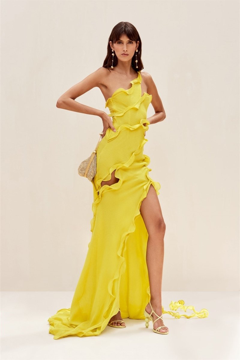 Prestige Mode™ | Robe Maxi Chiffon à Volants Une Épaule Gloria