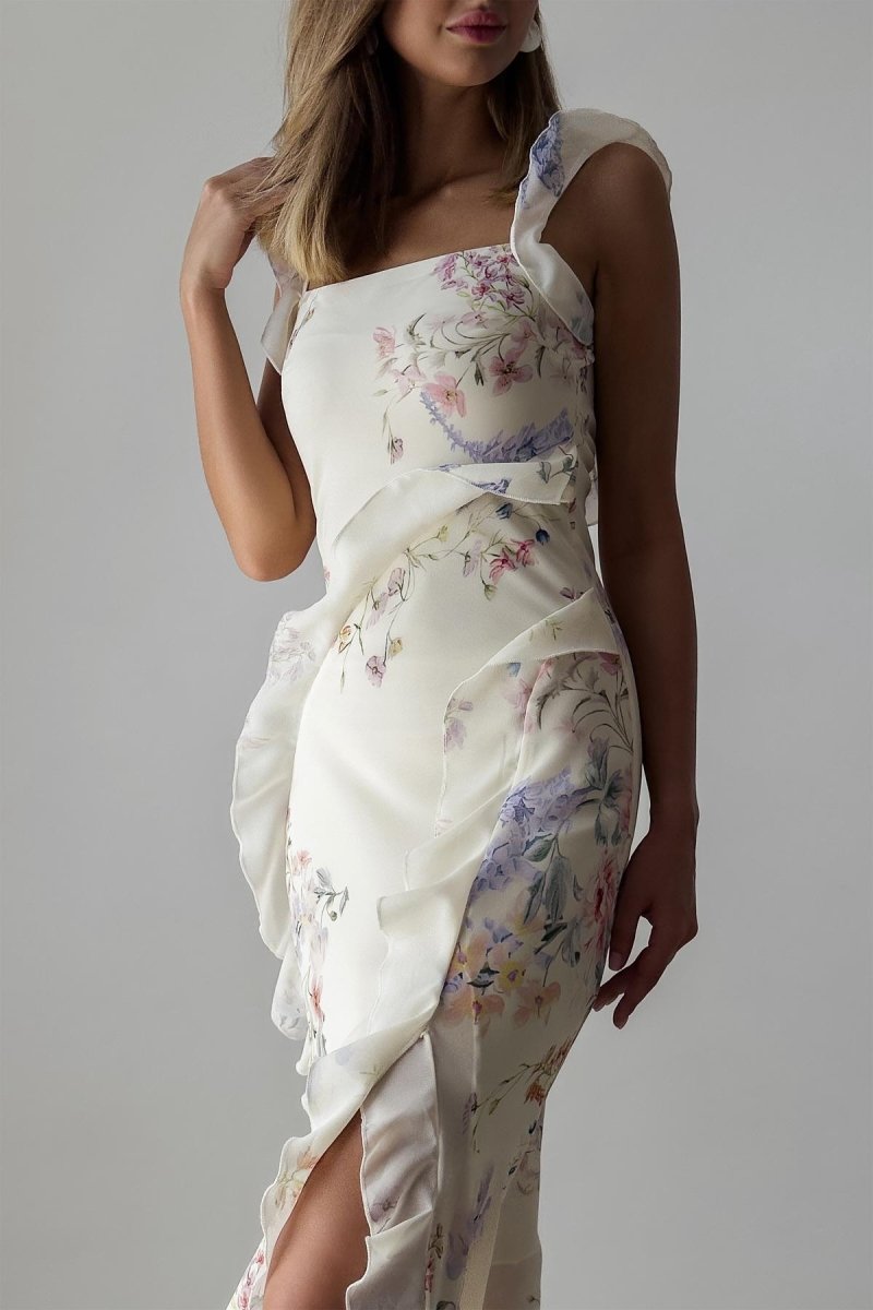 Prestige Mode™ | Robe Midi à Fente et Volants Floraux Naomi