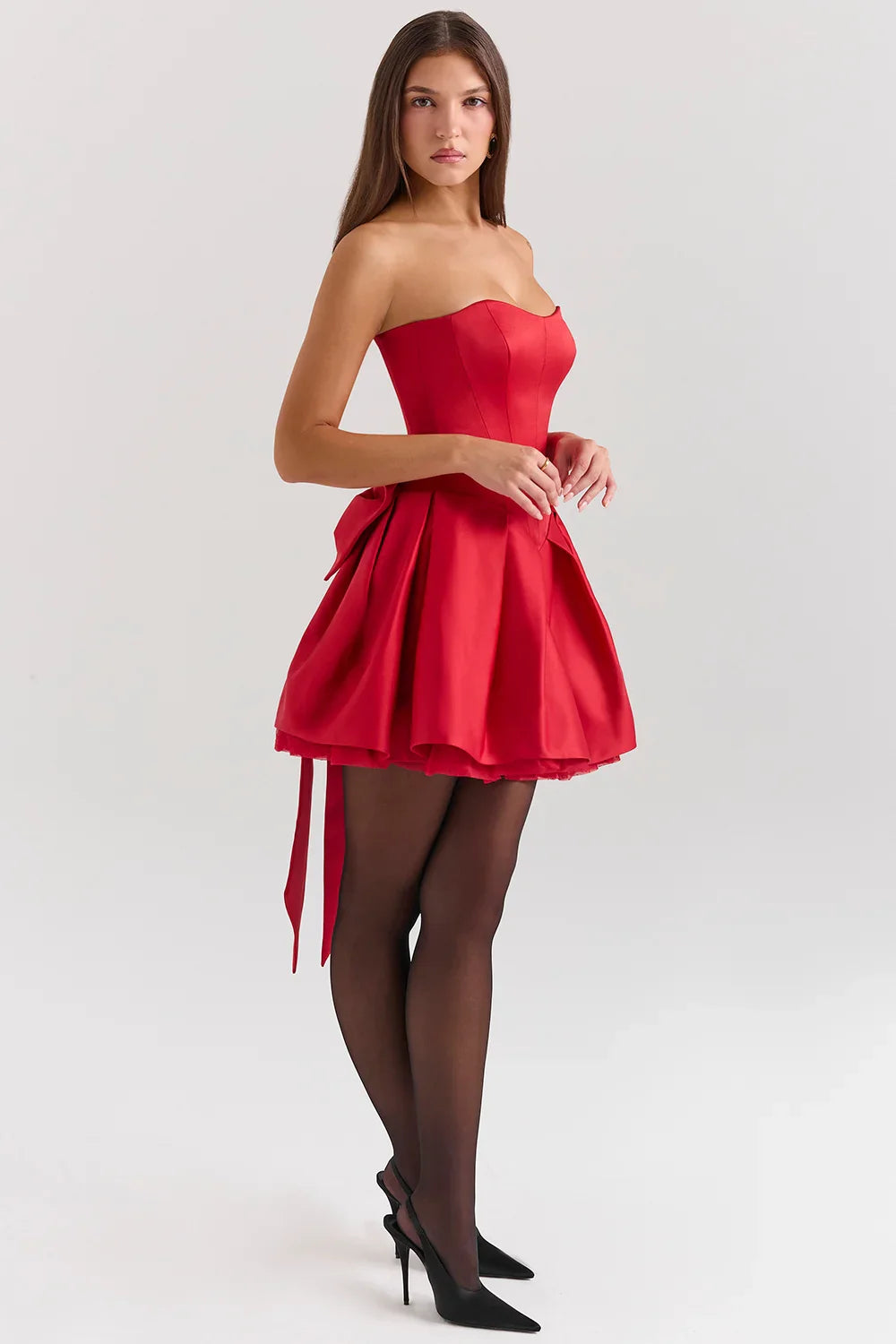 Prestige Mode™ | Robe Mini en Satin Rouge avec Nœud Détachable